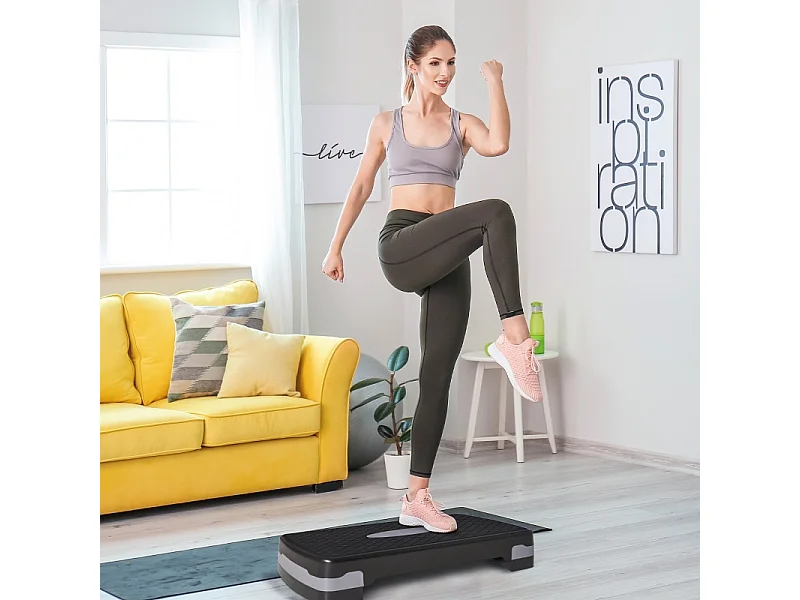 Stepper d'aérobic 2 niveaux réglable en hauteur 10/15 cm, plastique robuste, noir et gris (68x29x15cm)