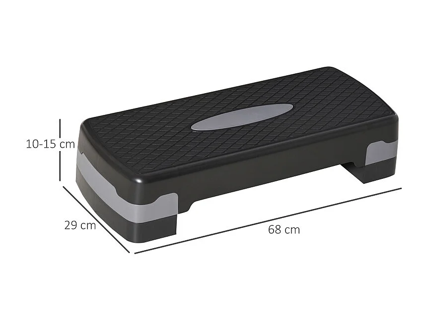 Stepper d'aérobic 2 niveaux réglable en hauteur 10/15 cm, plastique robuste, noir et gris (68x29x15cm)