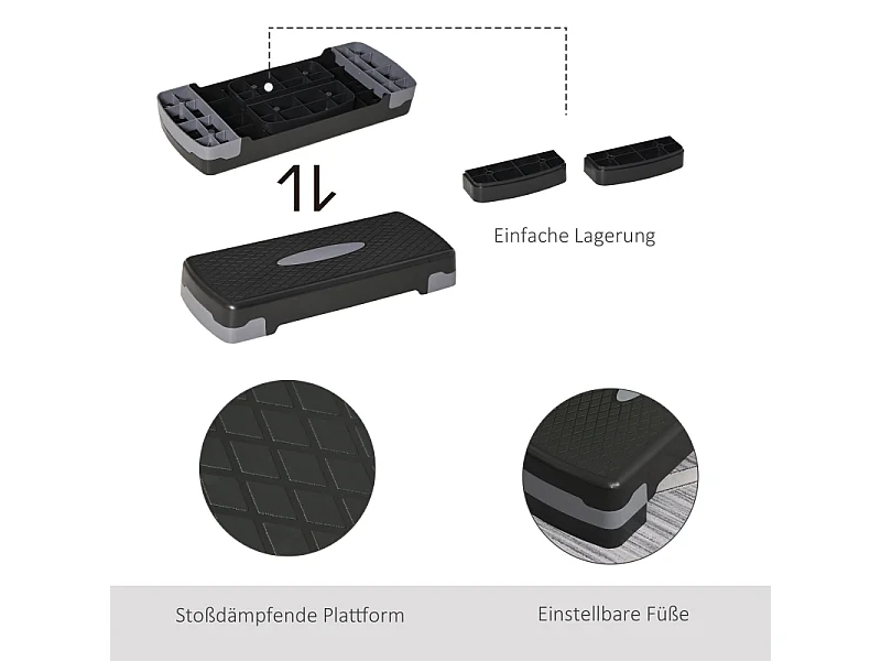 Stepper d'aérobic 2 niveaux réglable en hauteur 10/15 cm, plastique robuste, noir et gris (68x29x15cm)
