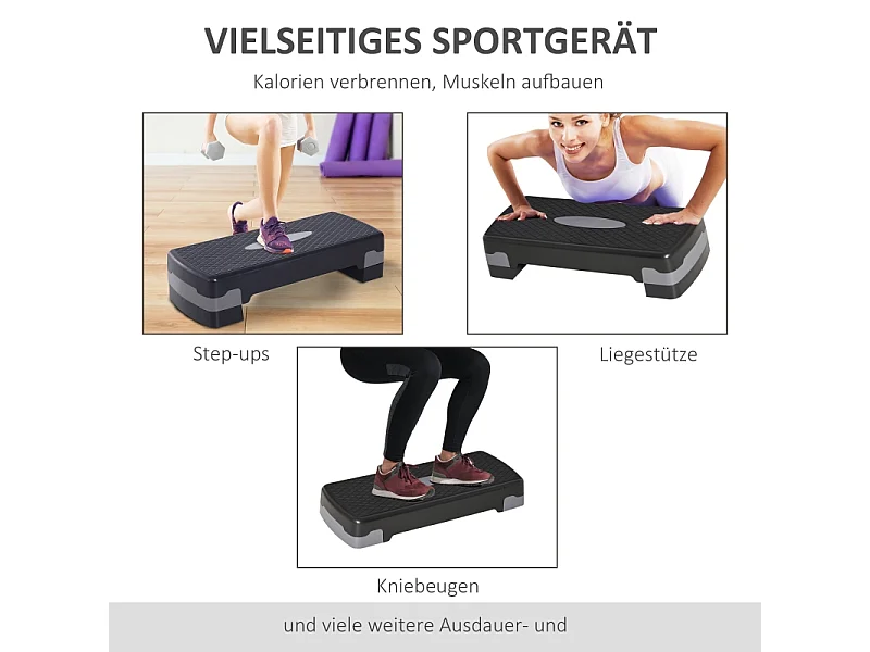 Stepper d'aérobic 2 niveaux réglable en hauteur 10/15 cm, plastique robuste, noir et gris (68x29x15cm)