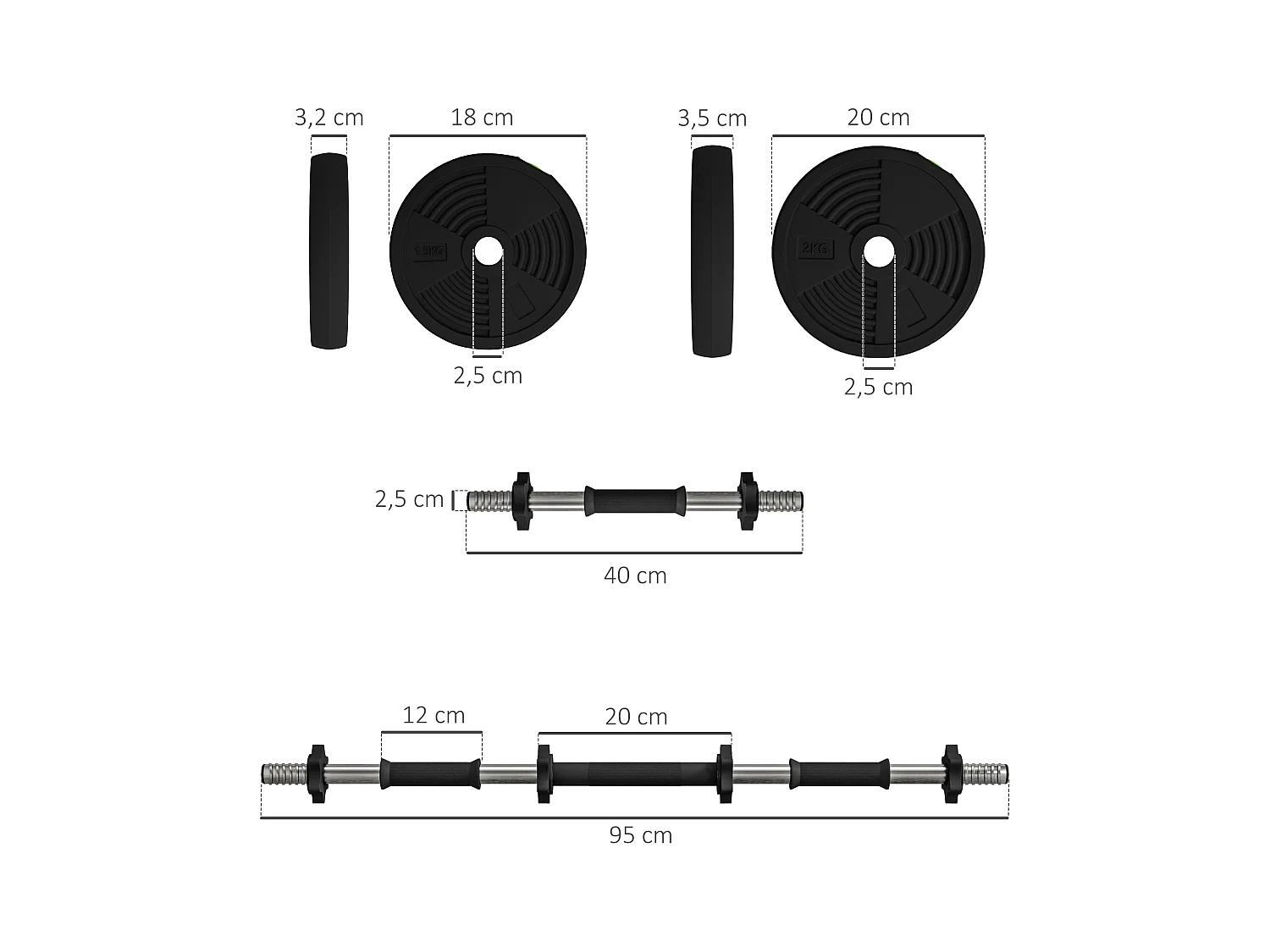 Set de Haltères 2-en-1 Réglables 15 kg, Acier et Plastique, Noir (95x20x20 cm)