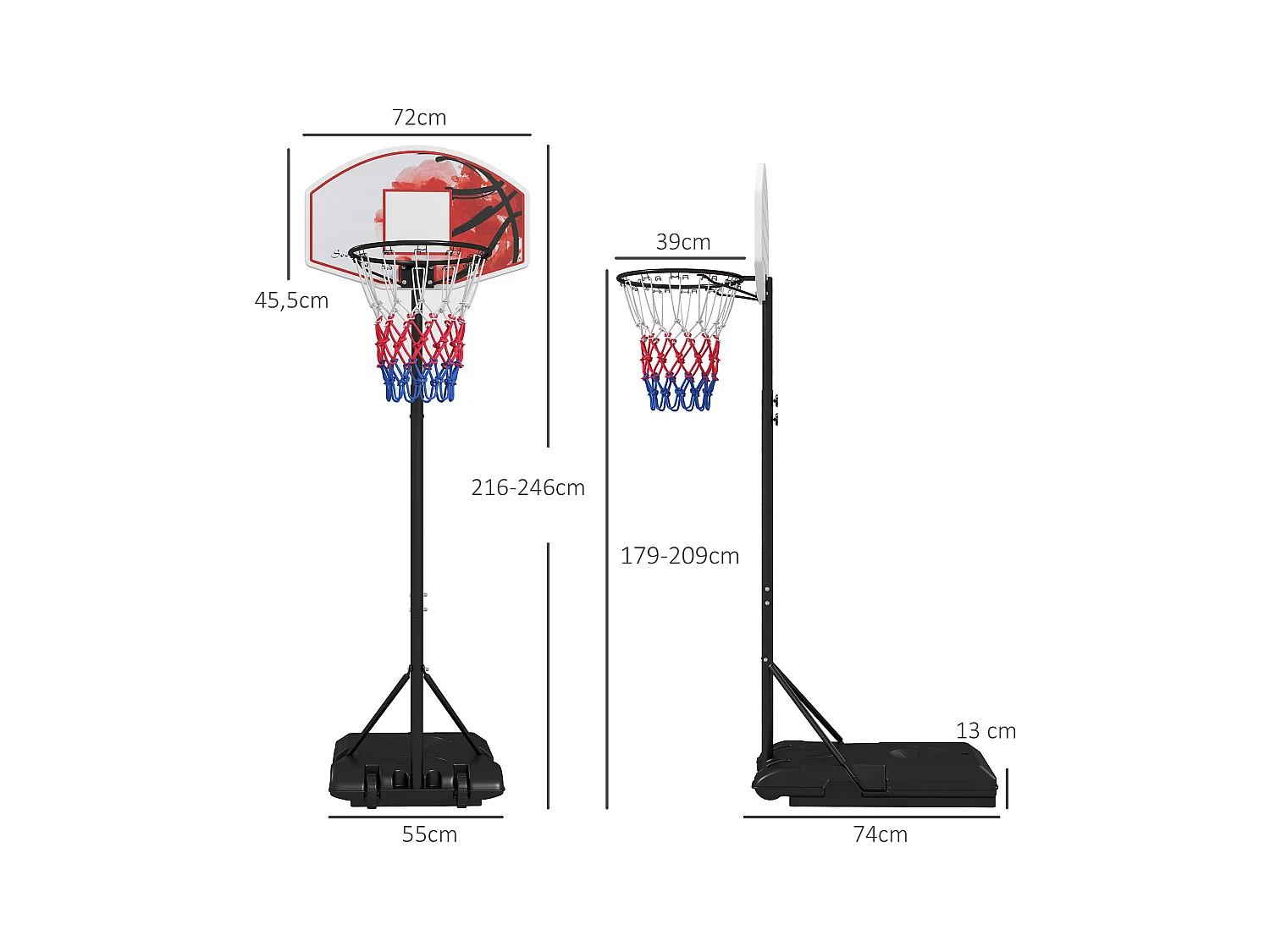 Panier de basket réglable avec support, hauteur 179-209 cm, acier, noir (72x2.1x45.5 cm)