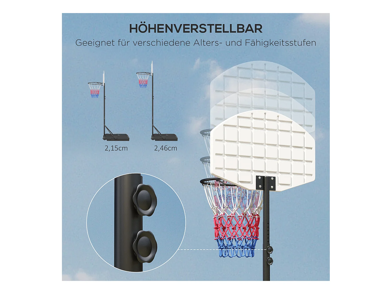 Panier de basket réglable avec support, hauteur 179-209 cm, acier, noir (72x2.1x45.5 cm)