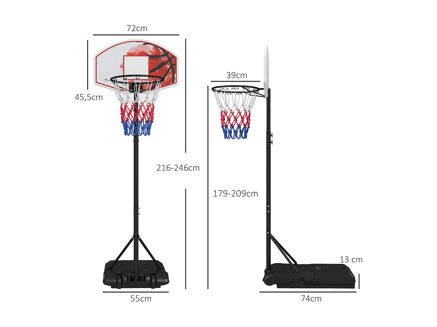 Panier de basket réglable avec support, hauteur 179-209 cm, acier, noir (72x2.1x45.5 cm)