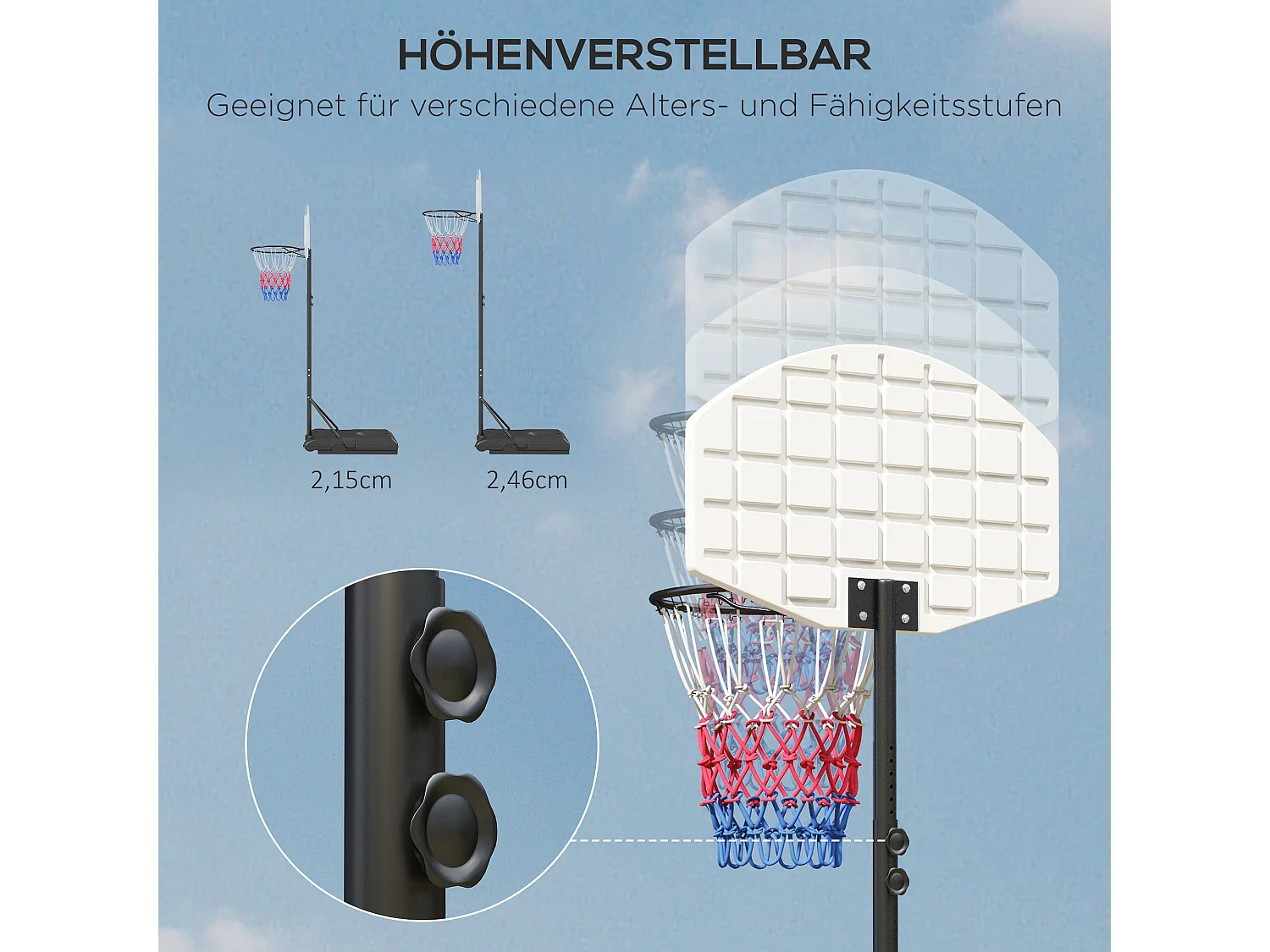 Panier de basket réglable avec support, hauteur 179-209 cm, acier, noir (72x2.1x45.5 cm)