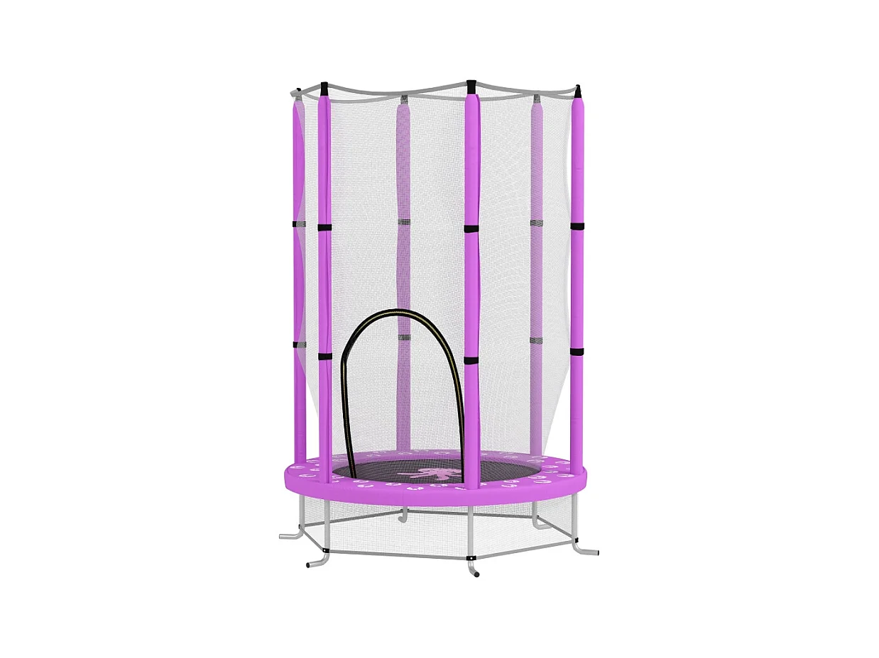 Trampoline enfant avec filet de sécurité, motif nuages, plastique et acier, violet (140x140x190 cm)