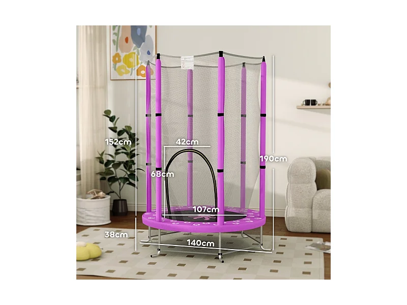 Trampoline enfant avec filet de sécurité, motif nuages, plastique et acier, violet (140x140x190 cm)