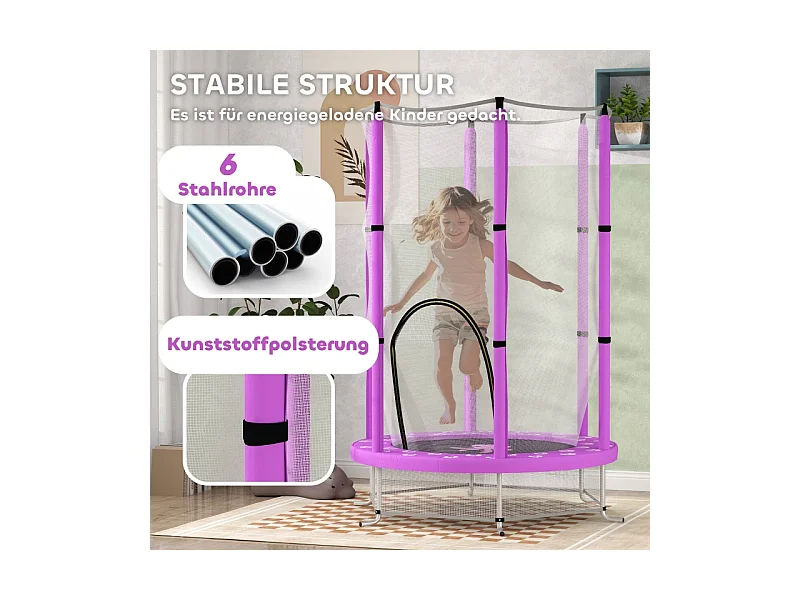 Trampoline enfant avec filet de sécurité, motif nuages, plastique et acier, violet (140x140x190 cm)