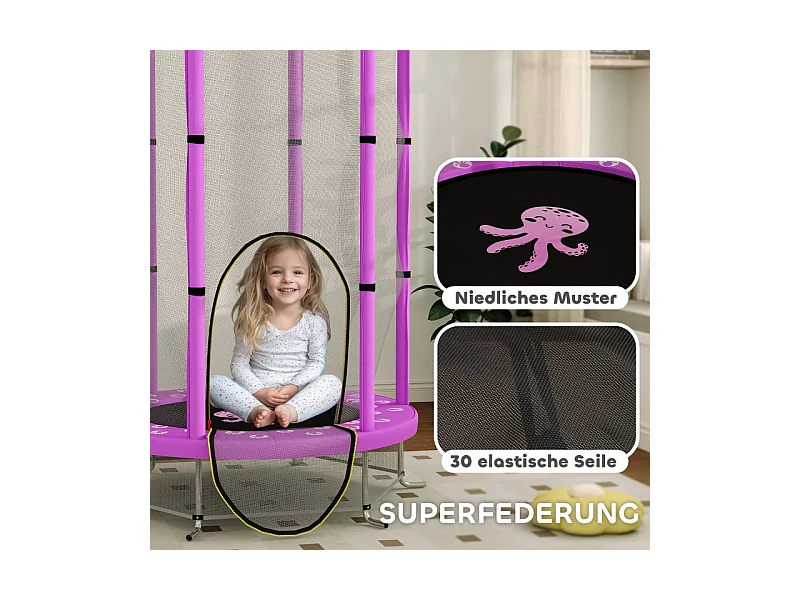 Trampoline enfant avec filet de sécurité, motif nuages, plastique et acier, violet (140x140x190 cm)