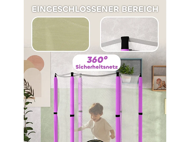 Trampoline enfant avec filet de sécurité, motif nuages, plastique et acier, violet (140x140x190 cm)