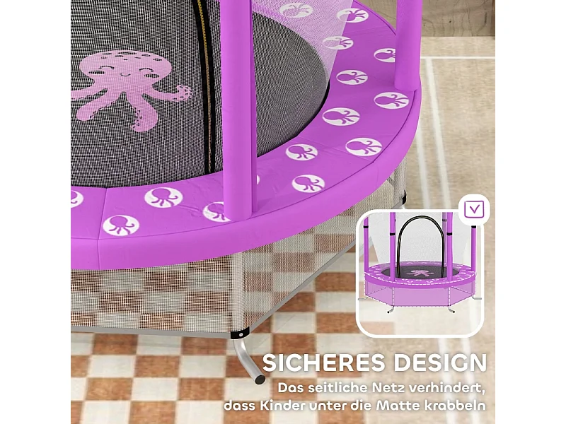 Trampoline enfant avec filet de sécurité, motif nuages, plastique et acier, violet (140x140x190 cm)