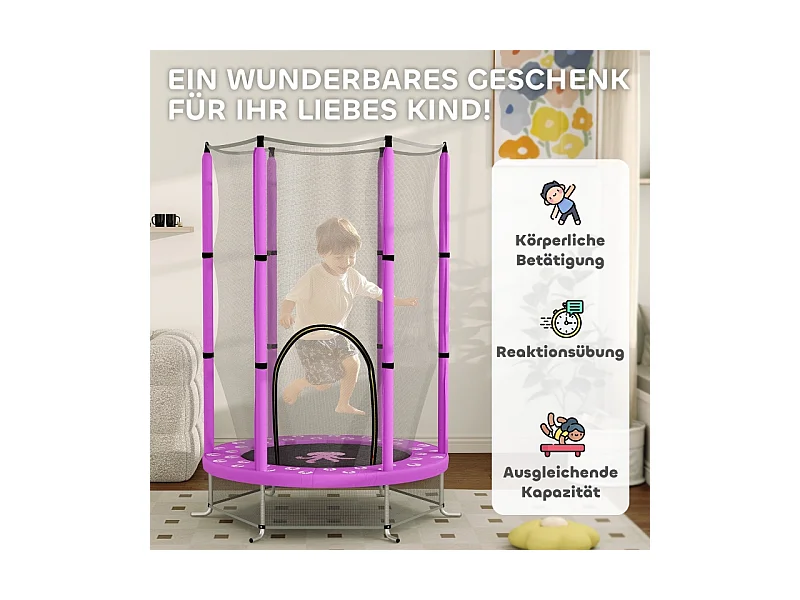 Trampoline enfant avec filet de sécurité, motif nuages, plastique et acier, violet (140x140x190 cm)