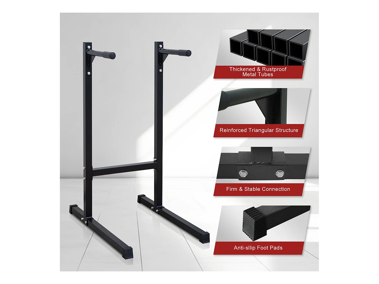 Barre de dips lourde, station d'entraînement multifonction, acier renforcé, noir, avec poignées en mousse (101x67.3x135.9cm)