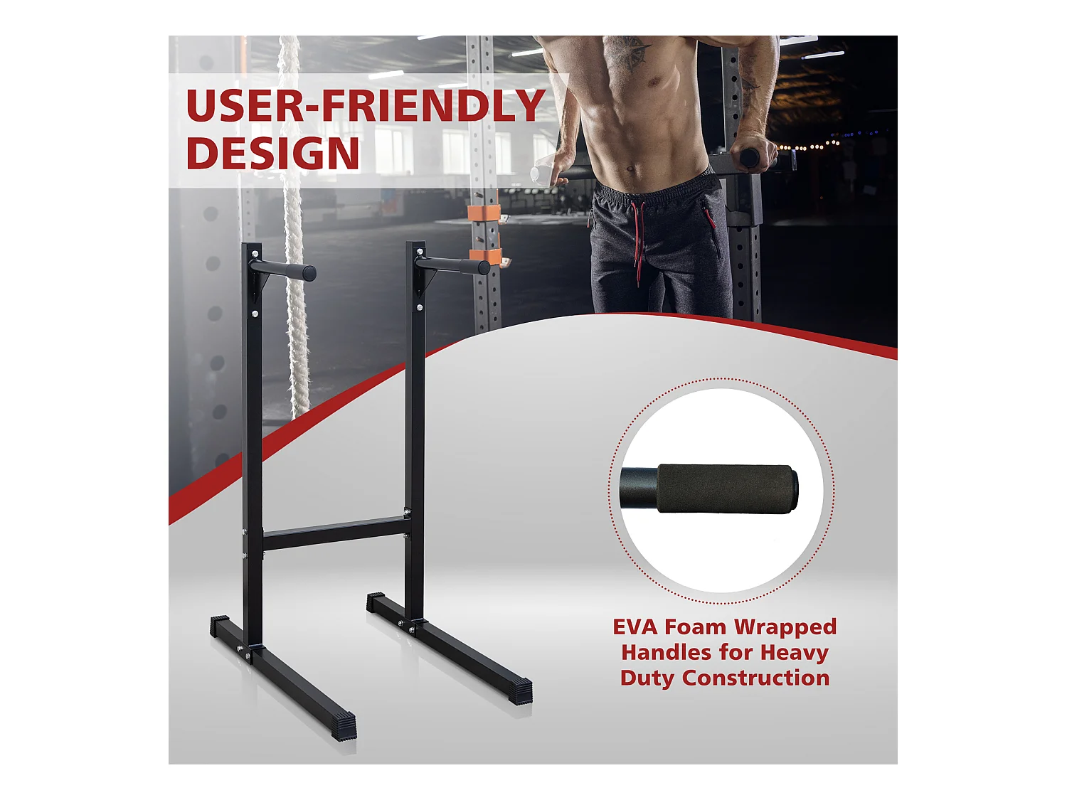 Barre de dips lourde, station d'entraînement multifonction, acier renforcé, noir, avec poignées en mousse (101x67.3x135.9cm)