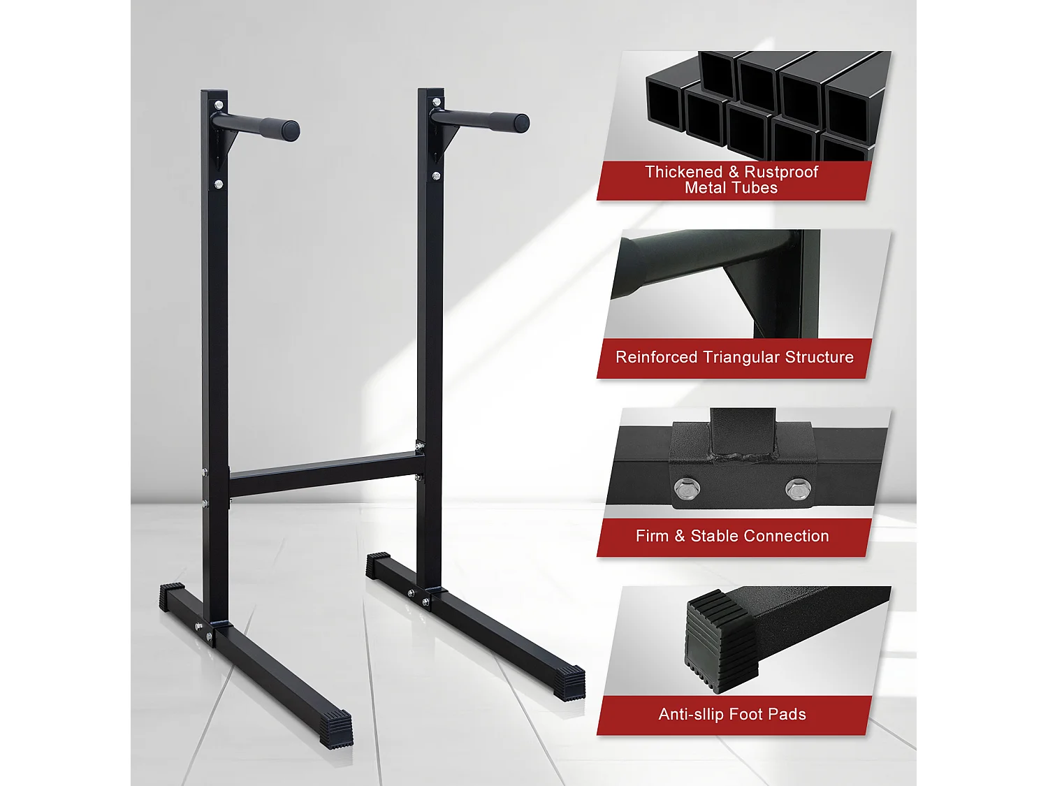 Barre de dips lourde, station d'entraînement multifonction, acier renforcé, noir, avec poignées en mousse (101x67.3x135.9cm)