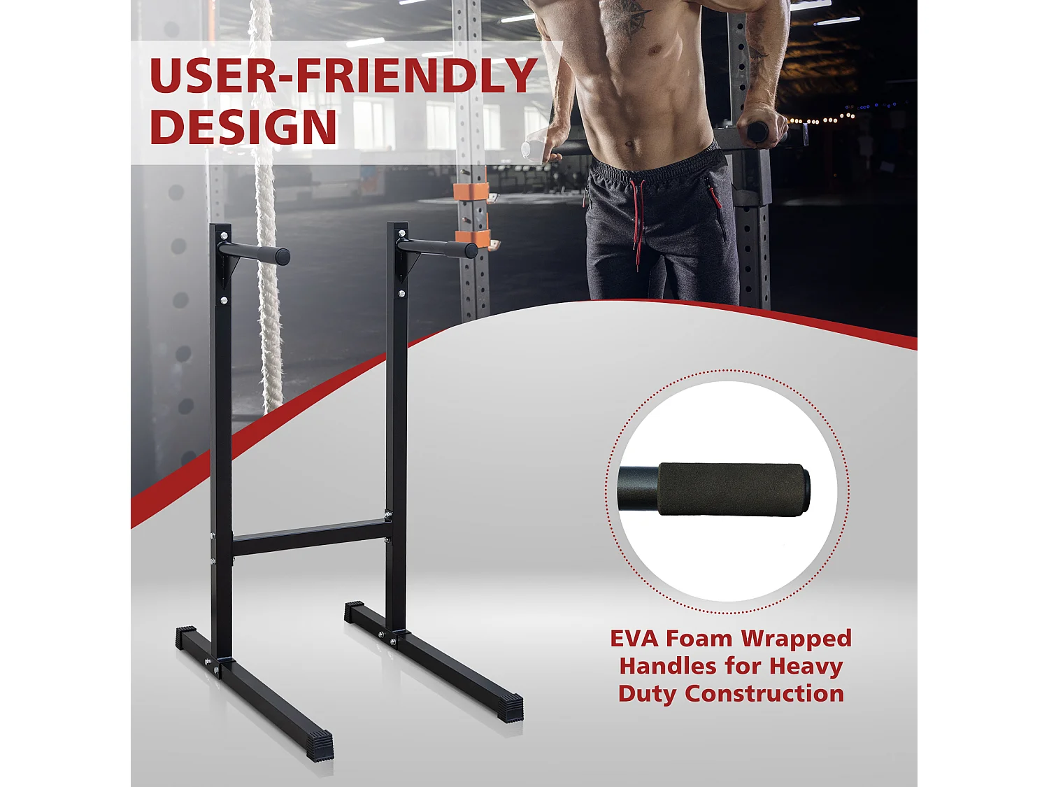 Barre de dips lourde, station d'entraînement multifonction, acier renforcé, noir, avec poignées en mousse (101x67.3x135.9cm)