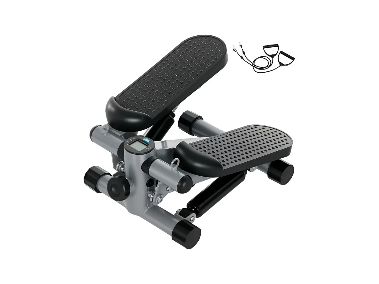 Mini-stepper 2 en 1 avec cordes de résistance, LCD et mouvement oscillant, plastique, gris (41x30.5x18.5 cm)