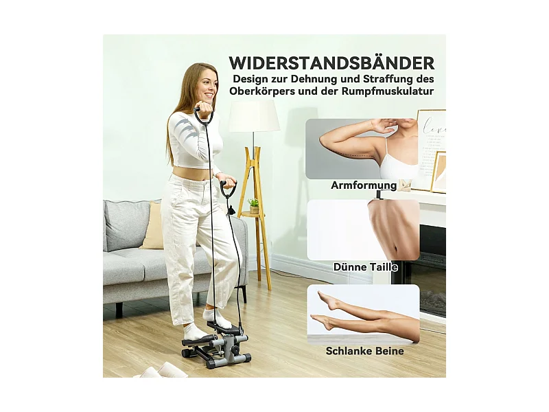 Mini-stepper 2 en 1 avec cordes de résistance, LCD et mouvement oscillant, plastique, gris (41x30.5x18.5 cm)