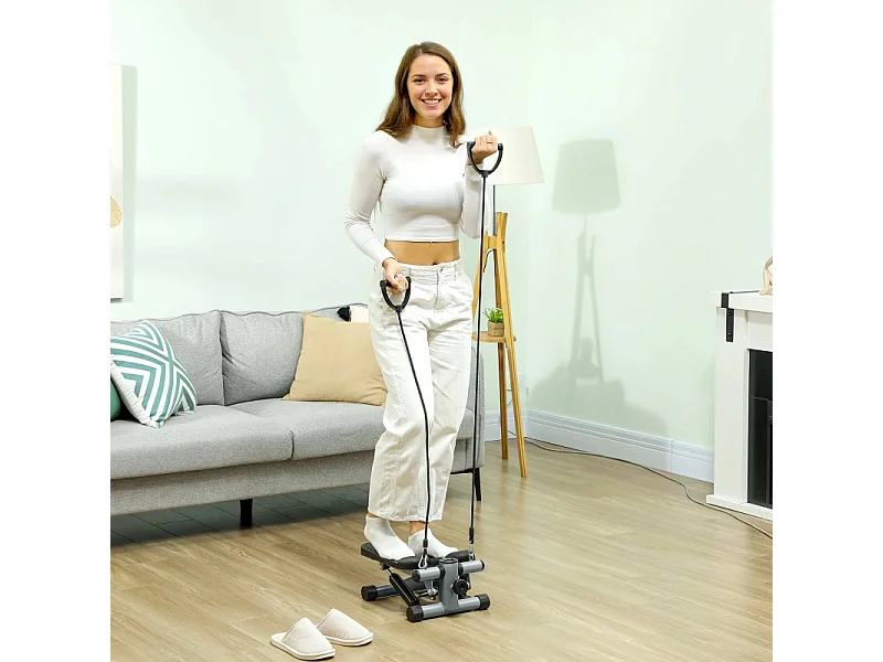 Mini-stepper 2 en 1 avec cordes de résistance, LCD et mouvement oscillant, plastique, gris (41x30.5x18.5 cm)