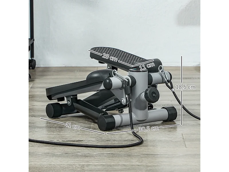 Mini-stepper 2 en 1 avec cordes de résistance, LCD et mouvement oscillant, plastique, gris (41x30.5x18.5 cm)