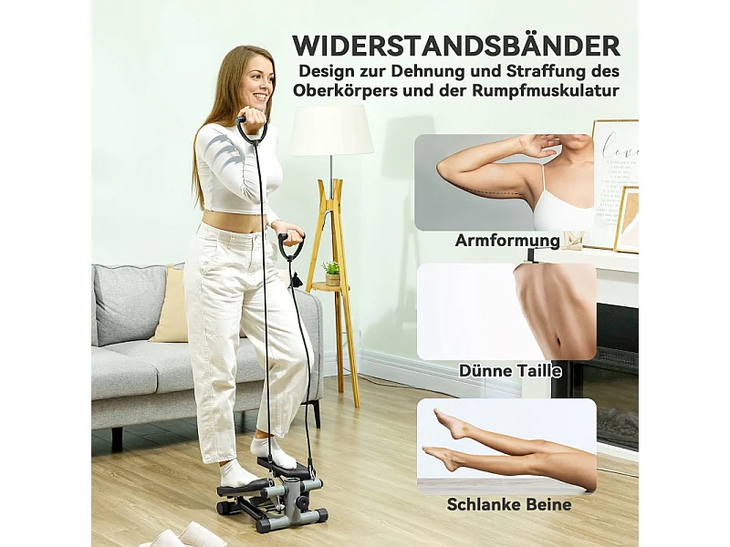 Mini-stepper 2 en 1 avec cordes de résistance, LCD et mouvement oscillant, plastique, gris (41x30.5x18.5 cm)