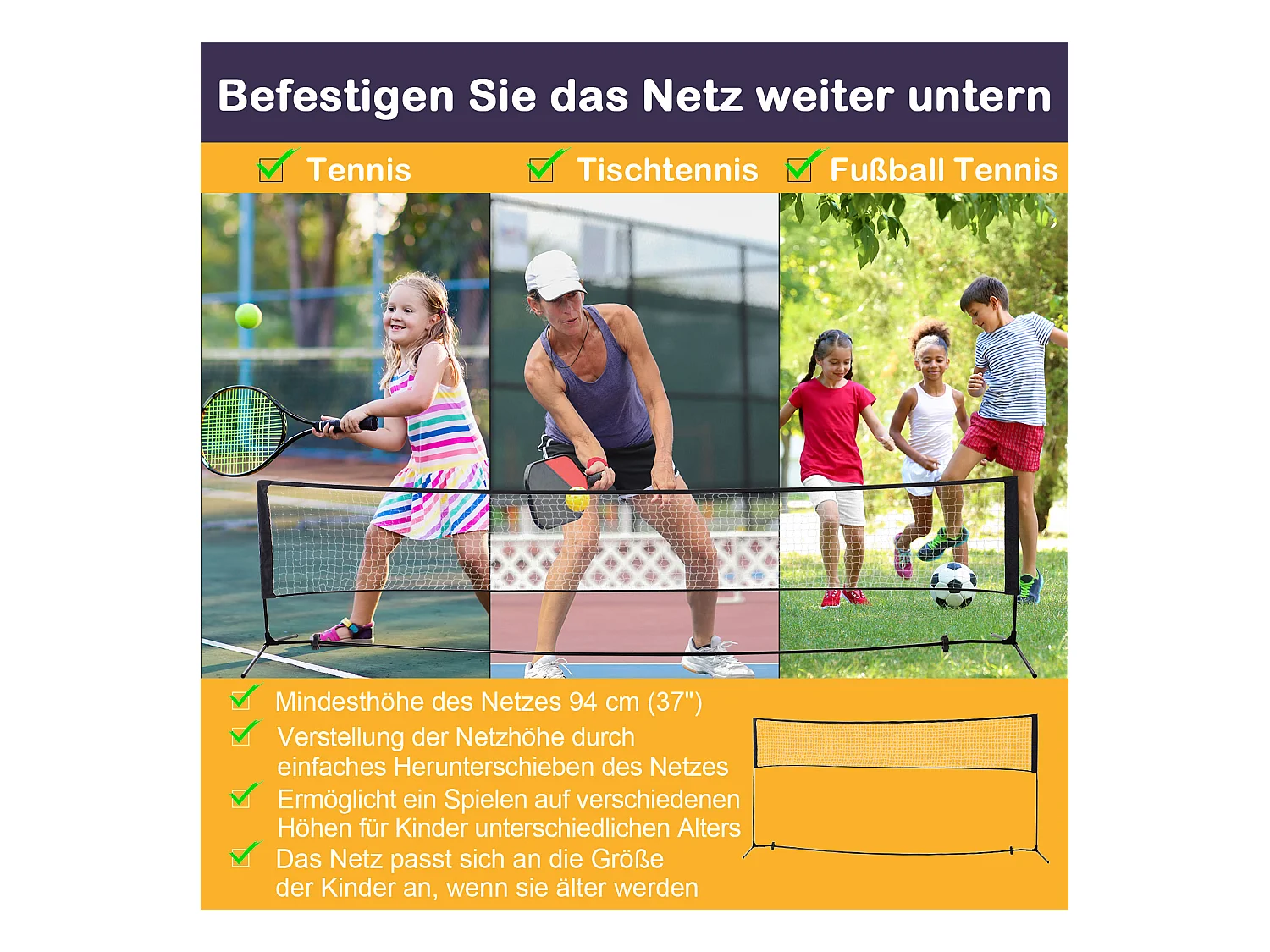 Filet de badminton réglable et portable, en métal et polyester, avec hauteur ajustable, idéal pour tennis et volley-ball (400x103x94-158 cm)