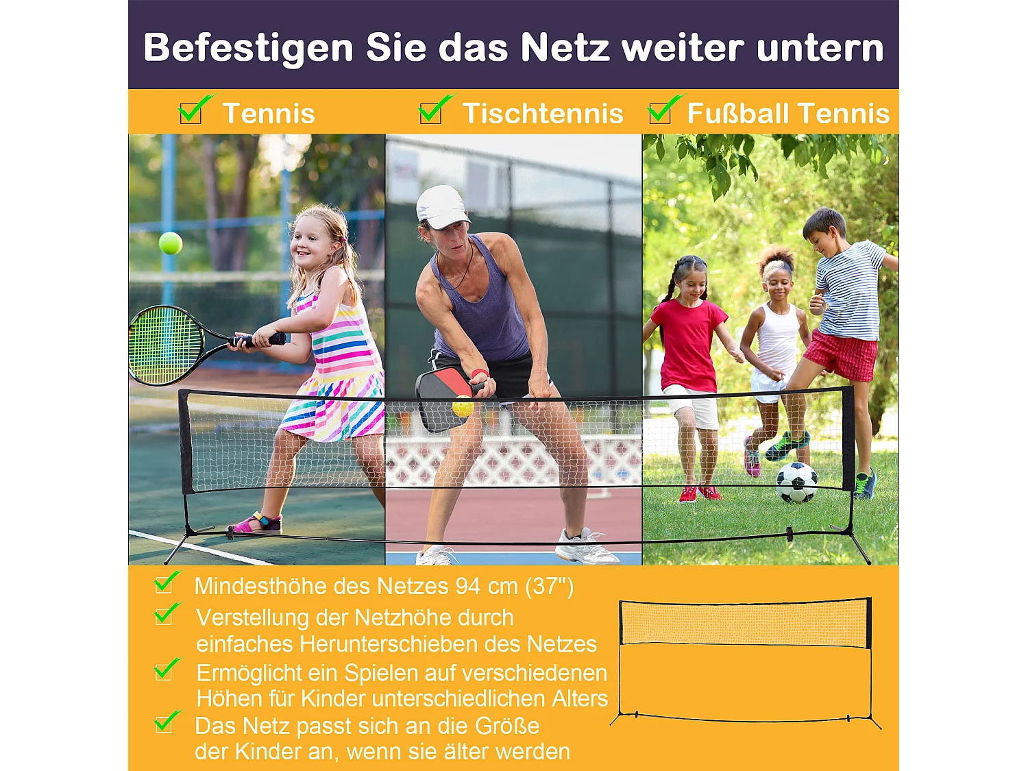 Filet de badminton réglable et portable, en métal et polyester, avec hauteur ajustable, idéal pour tennis et volley-ball (400x103x94-158 cm)