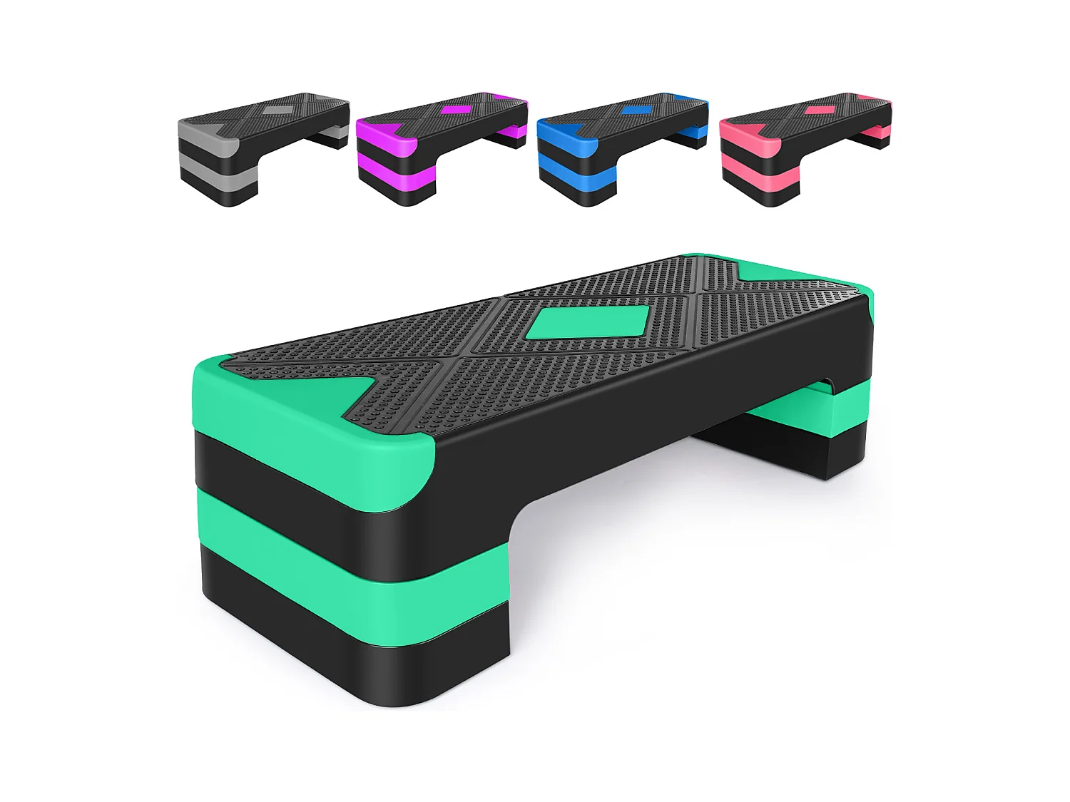 Step aerobic ajustable pour exercices, plateforme antidérapante en polyéthylène, vert (68.5x28x10 cm)