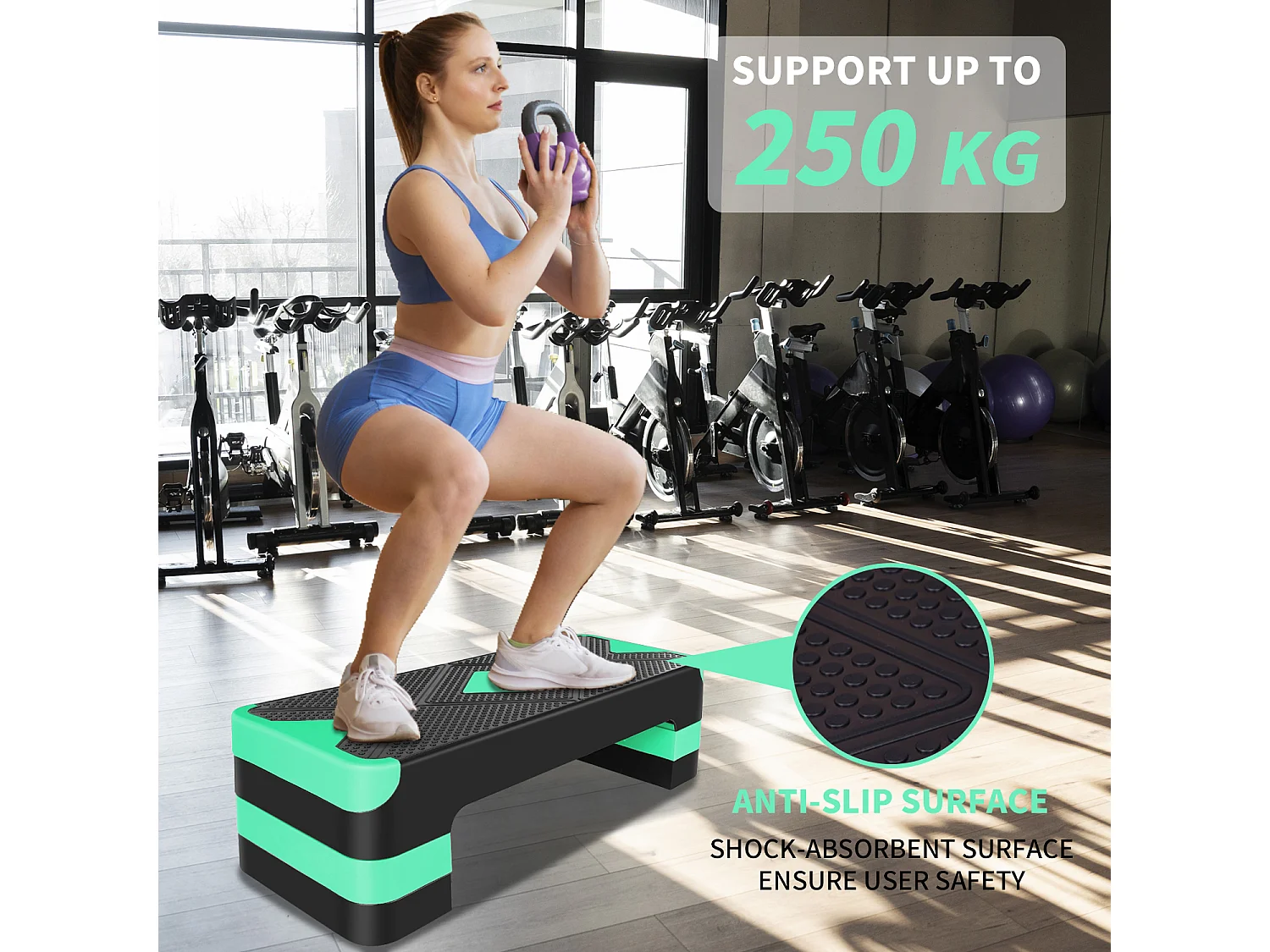 Step aerobic ajustable pour exercices, plateforme antidérapante en polyéthylène, vert (68.5x28x10 cm)