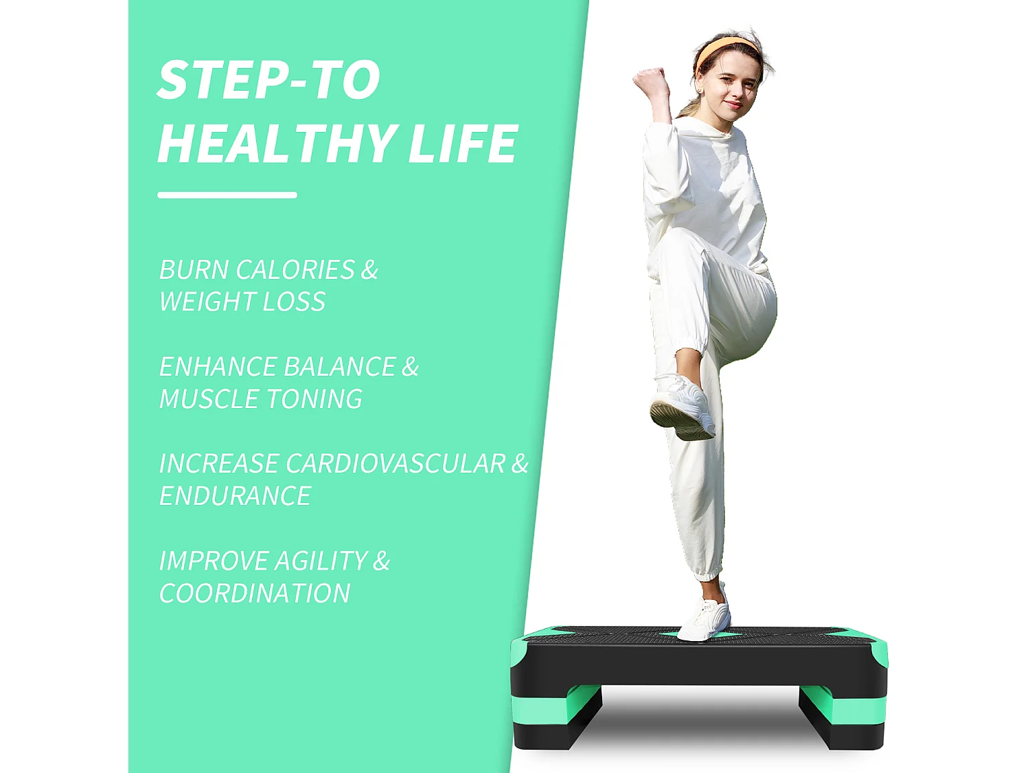Step aerobic ajustable pour exercices, plateforme antidérapante en polyéthylène, vert (68.5x28x10 cm)