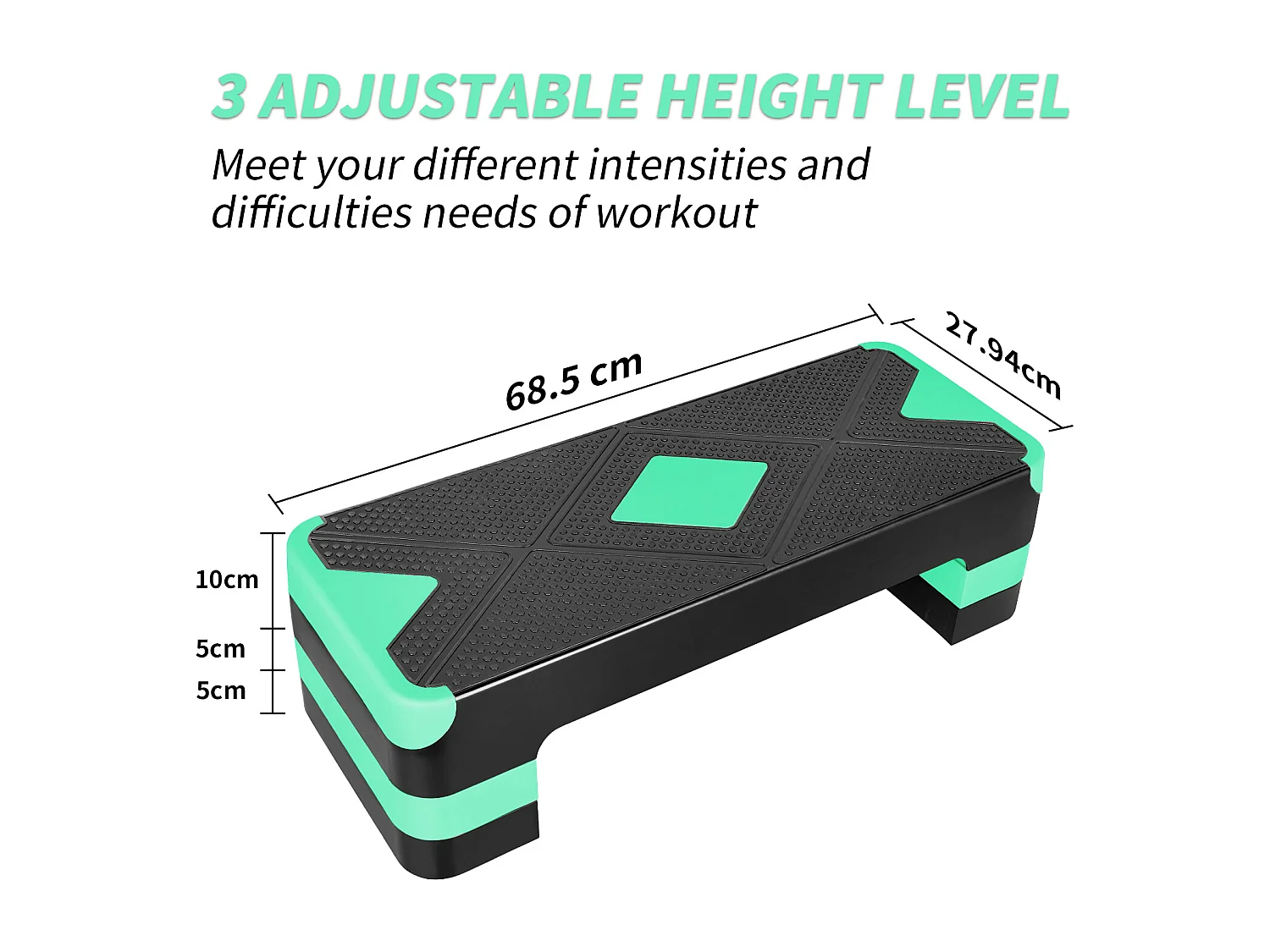 Step aerobic ajustable pour exercices, plateforme antidérapante en polyéthylène, vert (68.5x28x10 cm)