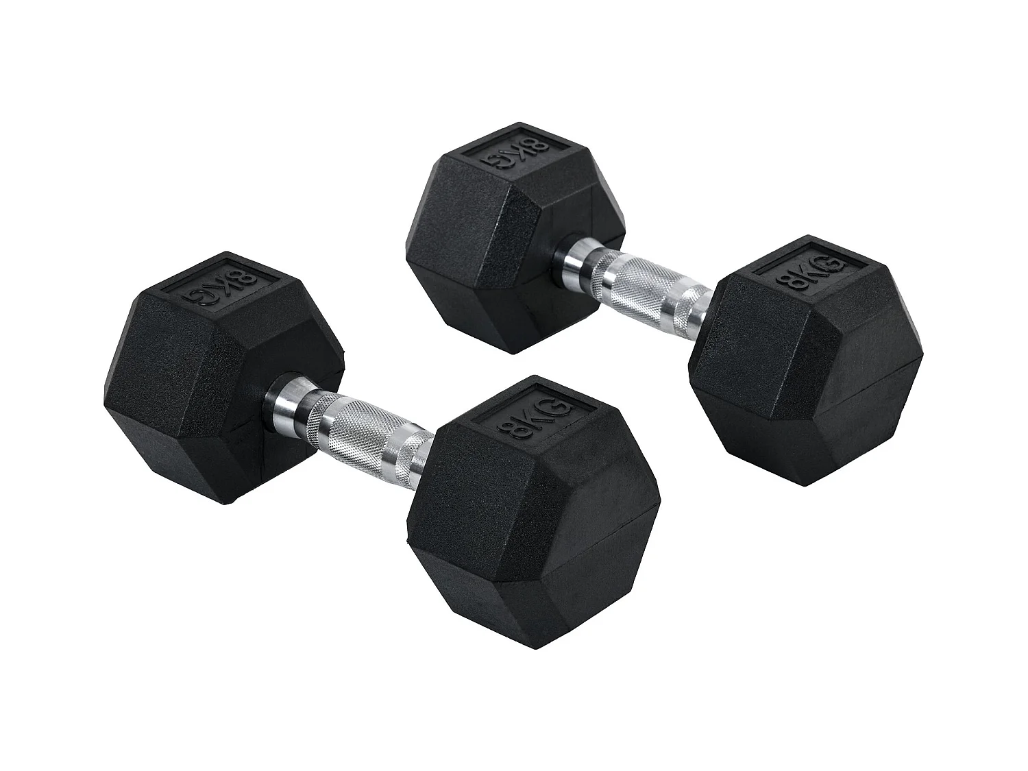 Haltères hexagonaux 2x8kg, fonte et caoutchouc, poignées striées, noir (30.5x12.7x12.7cm)