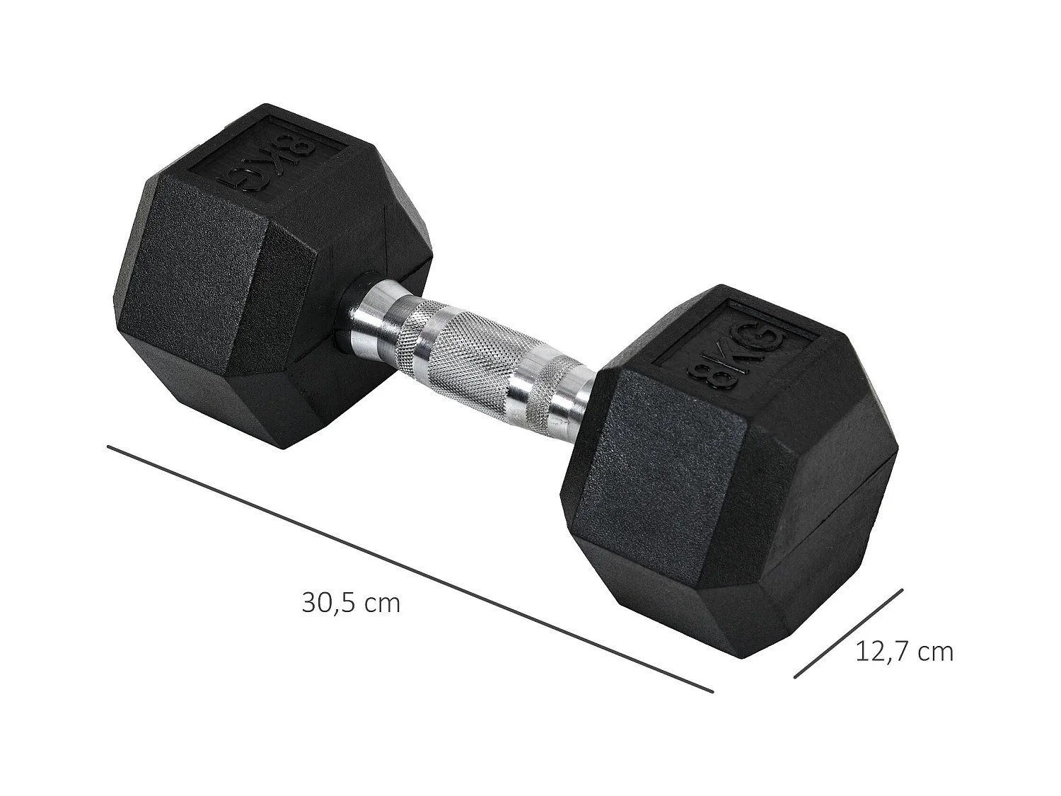 Haltères hexagonaux 2x8kg, fonte et caoutchouc, poignées striées, noir (30.5x12.7x12.7cm)