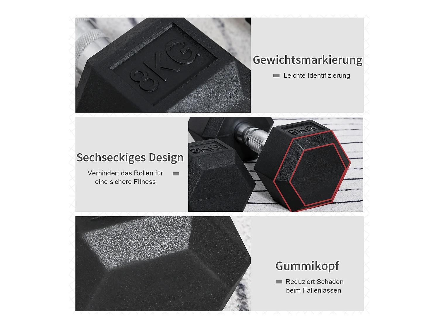 Haltères hexagonaux 2x8kg, fonte et caoutchouc, poignées striées, noir (30.5x12.7x12.7cm)