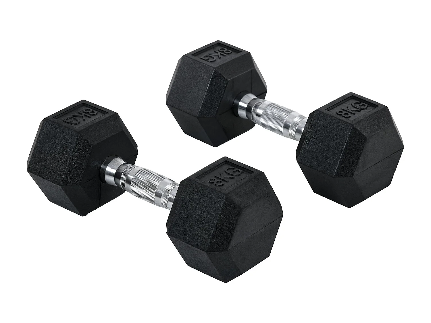 Haltères hexagonaux 2x8kg, fonte et caoutchouc, poignées striées, noir (30.5x12.7x12.7cm)