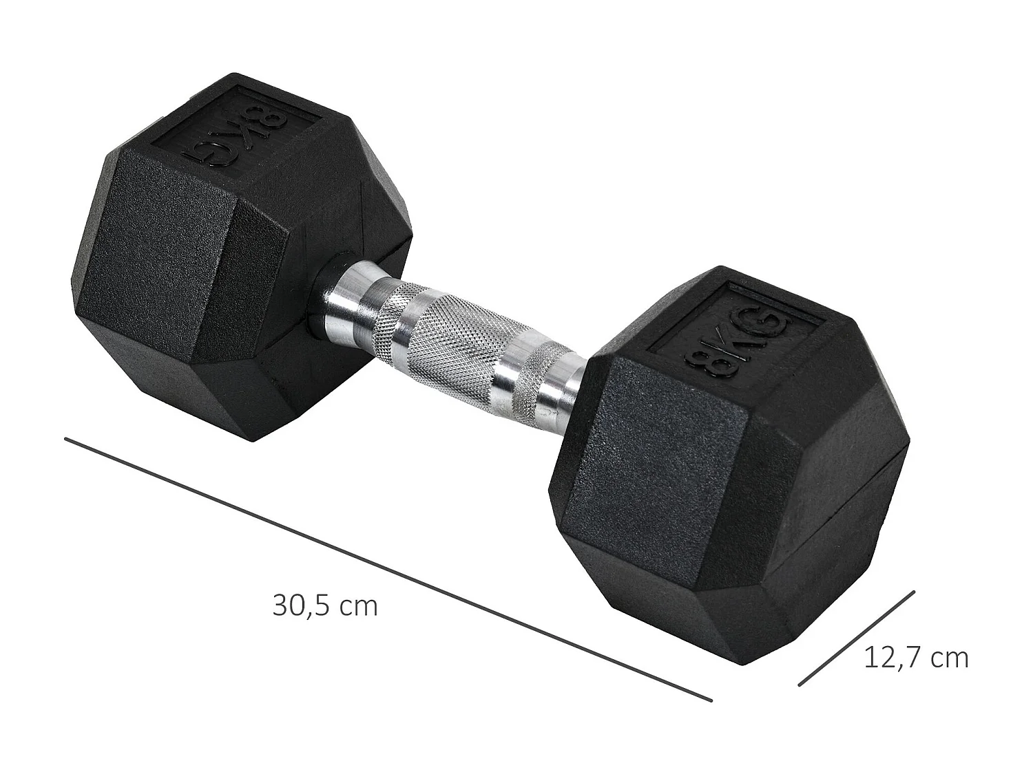 Haltères hexagonaux 2x8kg, fonte et caoutchouc, poignées striées, noir (30.5x12.7x12.7cm)