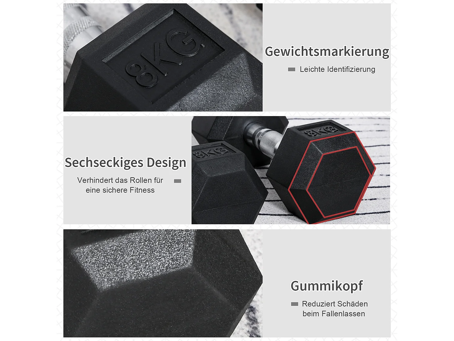 Haltères hexagonaux 2x8kg, fonte et caoutchouc, poignées striées, noir (30.5x12.7x12.7cm)