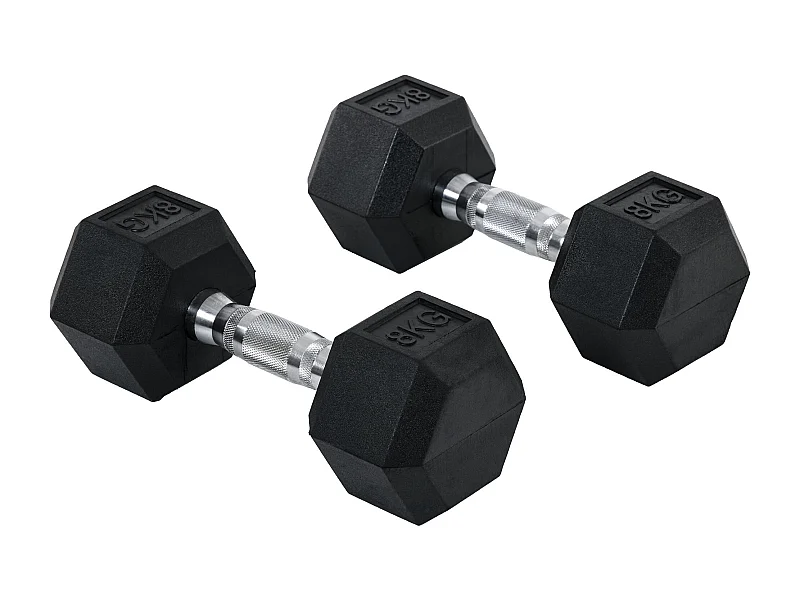 Haltères hexagonaux 2x8kg, fonte et caoutchouc, poignées striées, noir (30.5x12.7x12.7cm)