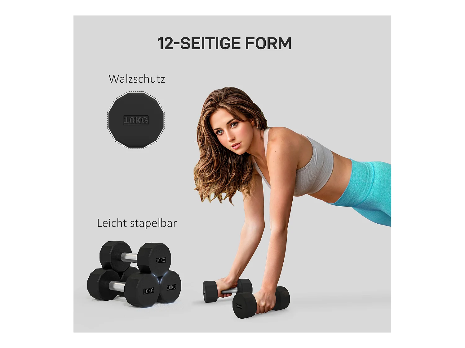 Set d’haltères 20kg, métal antidérapant, caoutchouc, noir (26x13x13cm)