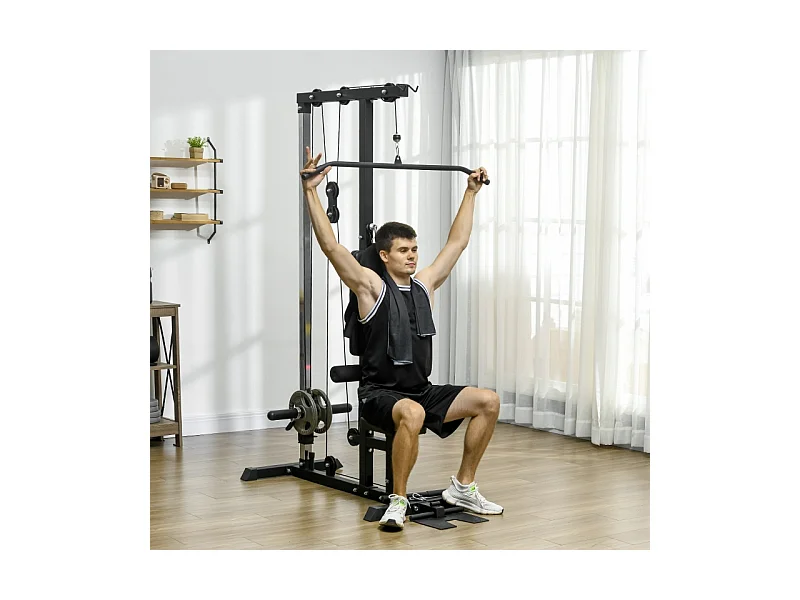 Station de musculation multifonction pour domicile, acier et similicuir, noir, réglable avec siège et pédale antidérapante (140x108x197cm)