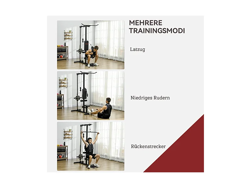 Station de musculation multifonction pour domicile, acier et similicuir, noir, réglable avec siège et pédale antidérapante (140x108x197cm)