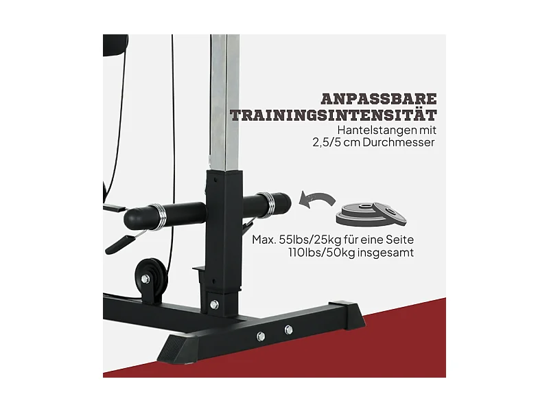 Station de musculation multifonction pour domicile, acier et similicuir, noir, réglable avec siège et pédale antidérapante (140x108x197cm)