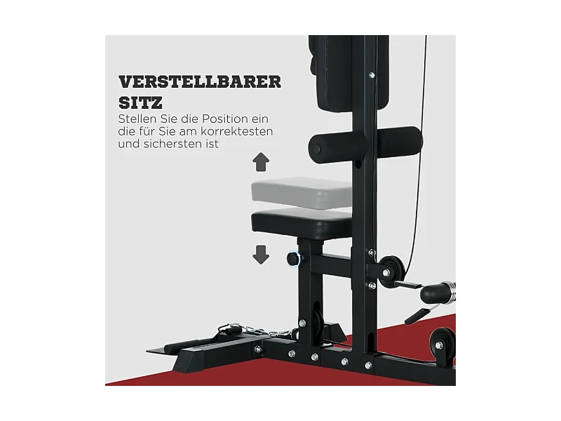 Station de musculation multifonction pour domicile, acier et similicuir, noir, réglable avec siège et pédale antidérapante (140x108x197cm)