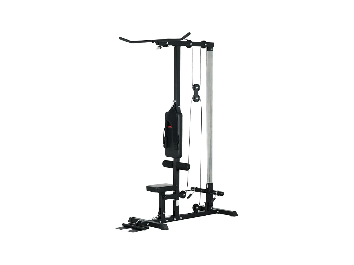 Station de musculation multifonction pour domicile, acier et similicuir, noir, réglable avec siège et pédale antidérapante (140x108x197cm)