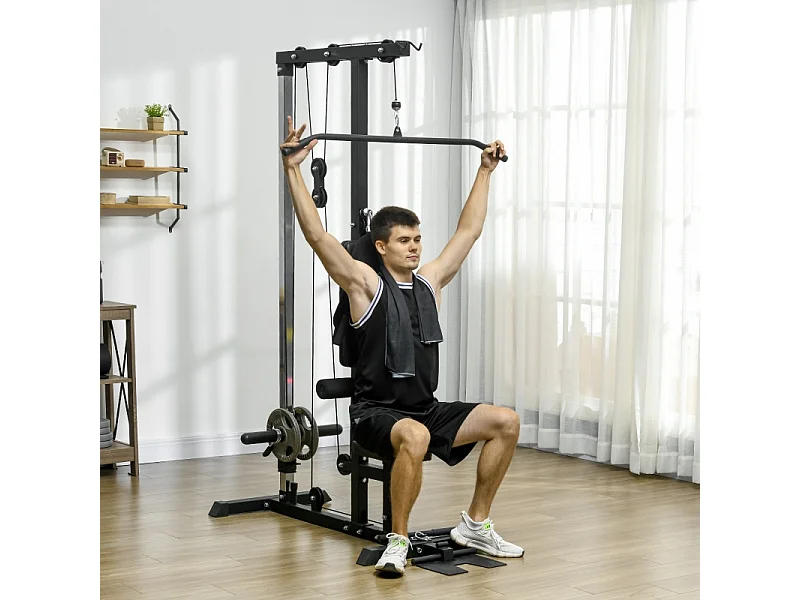 Multifunctionele homegym, staal en kunstleer, zwart, verstelbaar met zitting en antislippedaal (140x108x197cm)