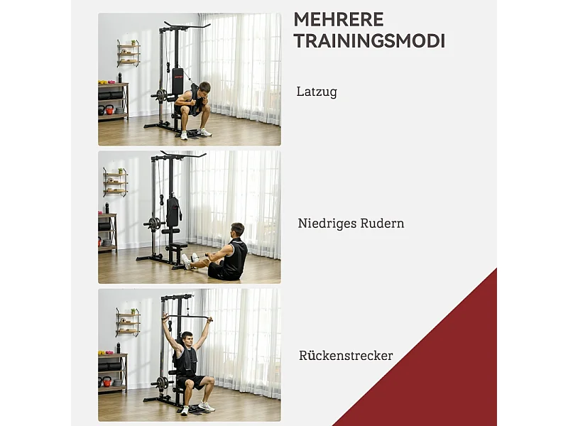 Multifunctionele homegym, staal en kunstleer, zwart, verstelbaar met zitting en antislippedaal (140x108x197cm)