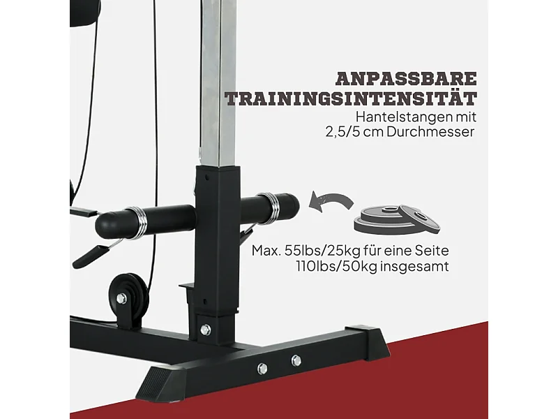 Multifunctionele homegym, staal en kunstleer, zwart, verstelbaar met zitting en antislippedaal (140x108x197cm)