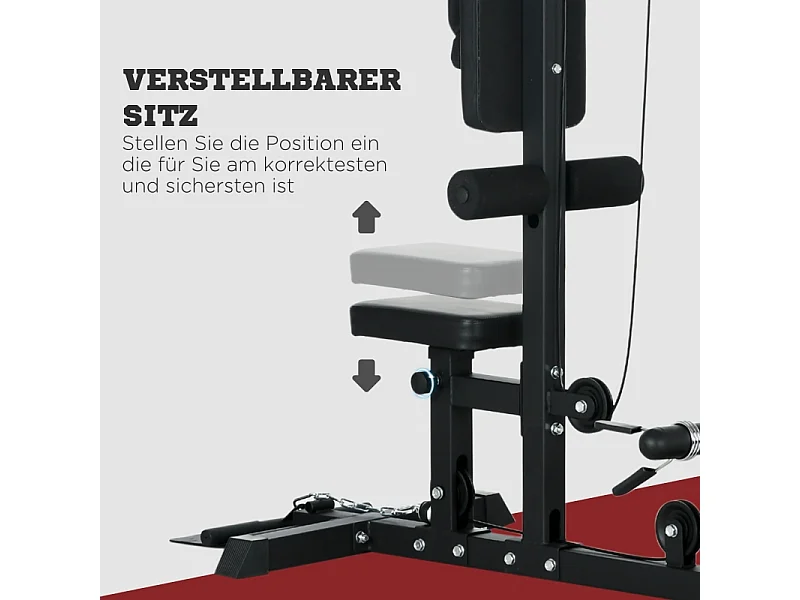 Multifunctionele homegym, staal en kunstleer, zwart, verstelbaar met zitting en antislippedaal (140x108x197cm)