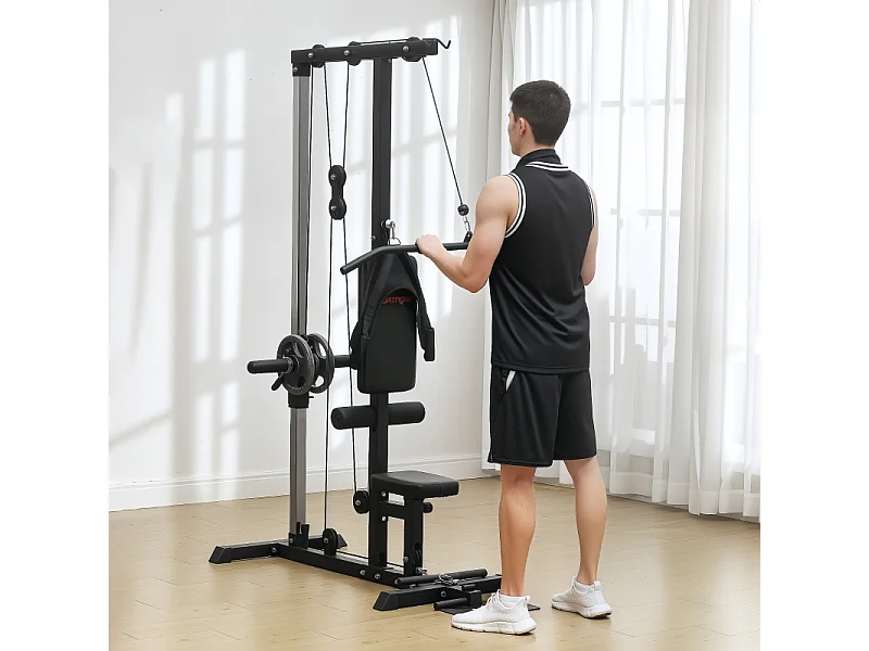 Multifunctionele homegym, staal en kunstleer, zwart, verstelbaar met zitting en antislippedaal (140x108x197cm)