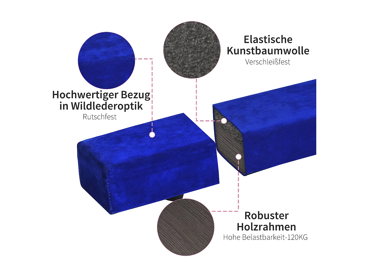 Poutre de gymnastique pliable pour intérieur et extérieur, en cuir suédé, jusqu'à 120 kg, bleu (210x10x6.5 cm)